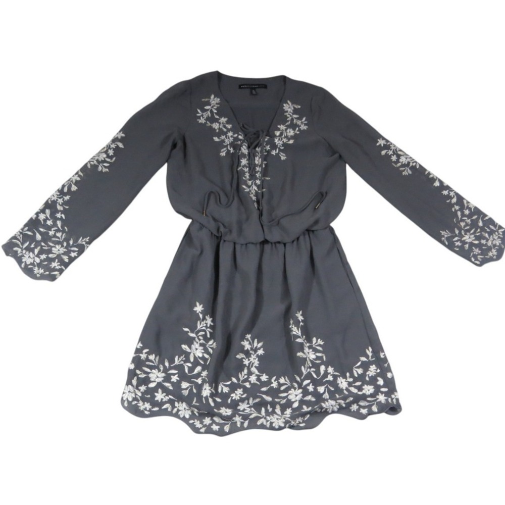 White House Black Market Mini Dress Womens 0 Gray Floral Embroidered Peasant